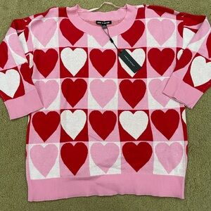Cable & Gauge Pink and Red Heart Quarter-sleeve Sweater